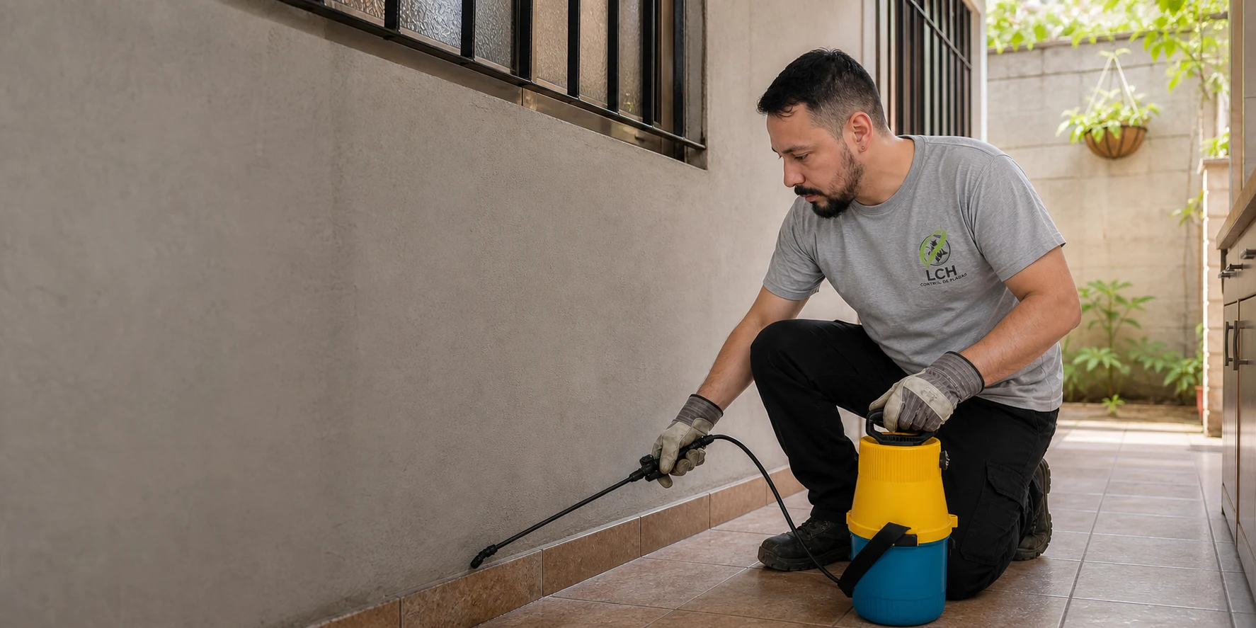 Carlos, técnico de LCH, realizando un tratamiento profesional en una vivienda de Tapiales