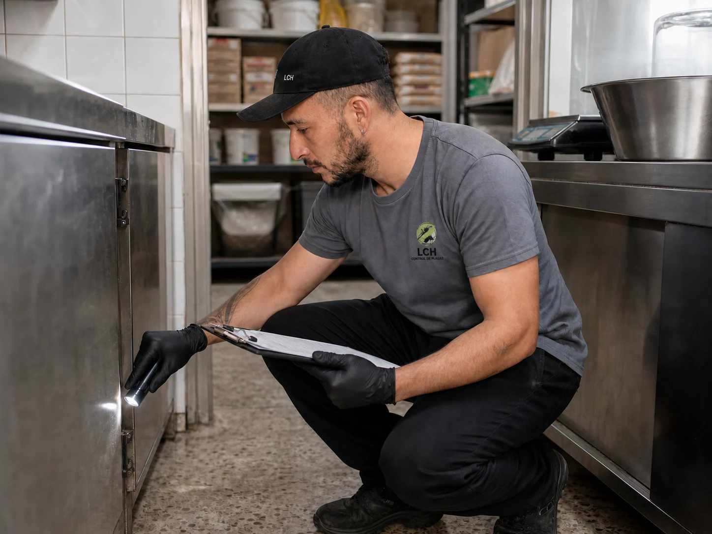 Luis inspeccionando un sector bajo de una cocina comercial