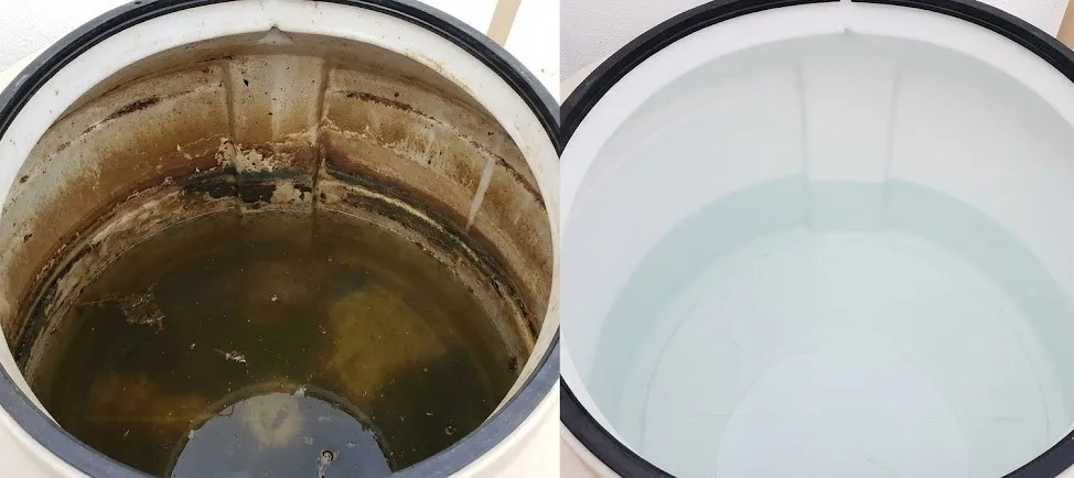 Comparación de tanque antes y después de la limpieza