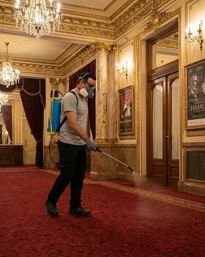 Técnico aplicando tratamiento ignífugo en teatro